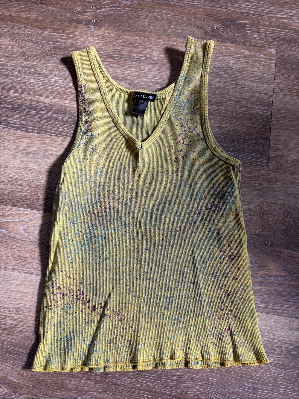 bebe Yellow Speckled Ribbed V-Neck Tank